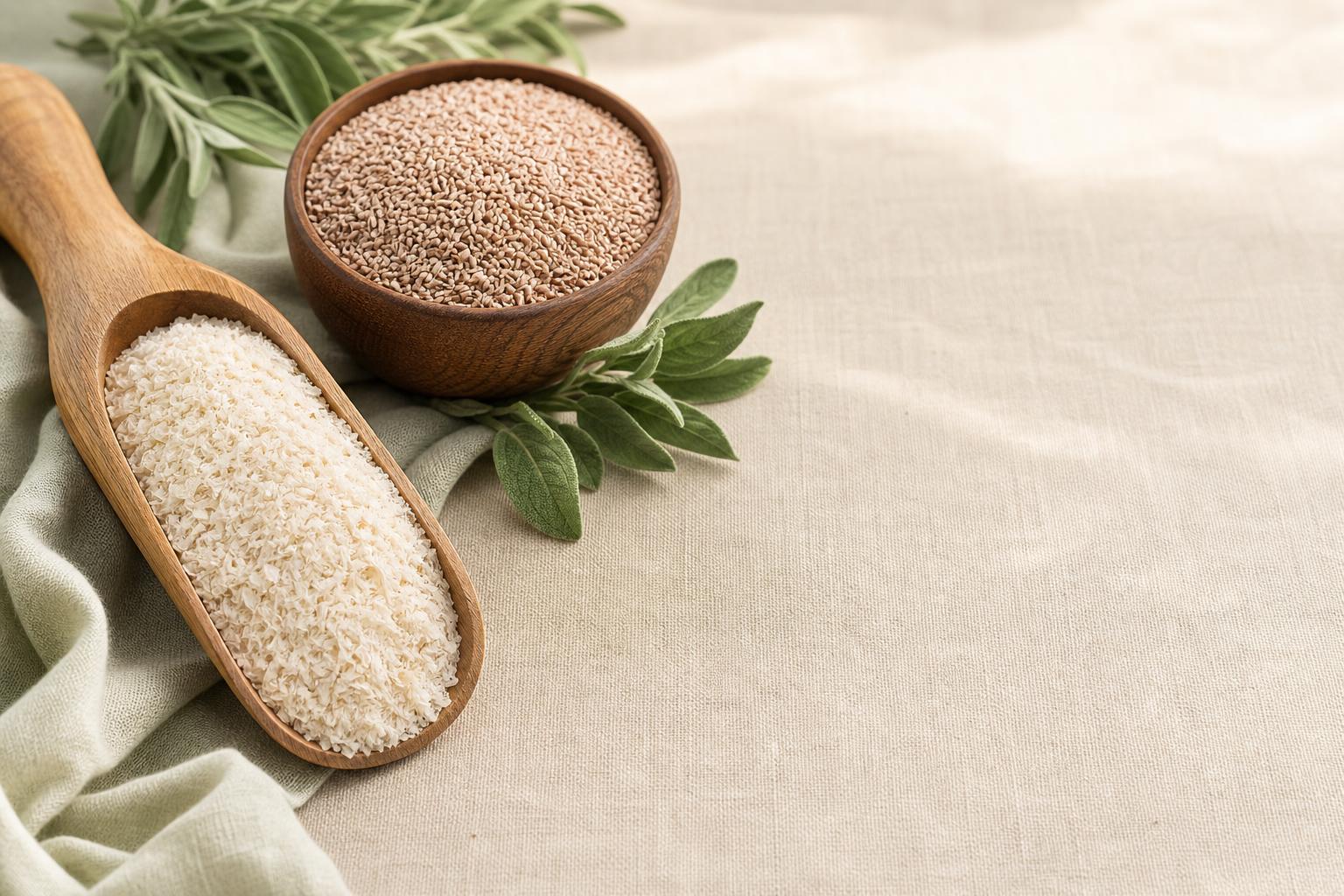 Premium psyllium husk and seeds with sage on cream linen