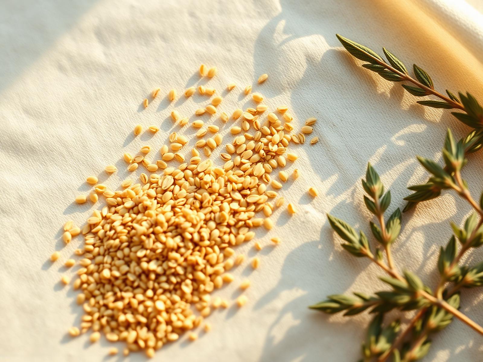 Premium psyllium husk and seeds with sage on cream linen